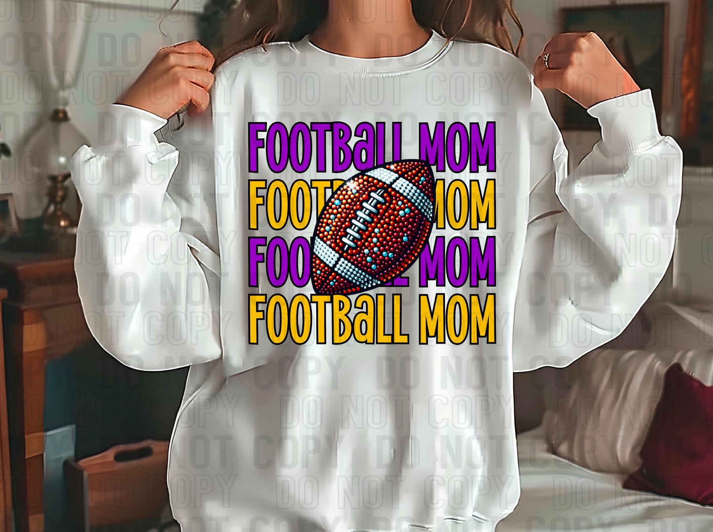 Football Mom Rhinestone Purple Yellow Gold DTF Transfer