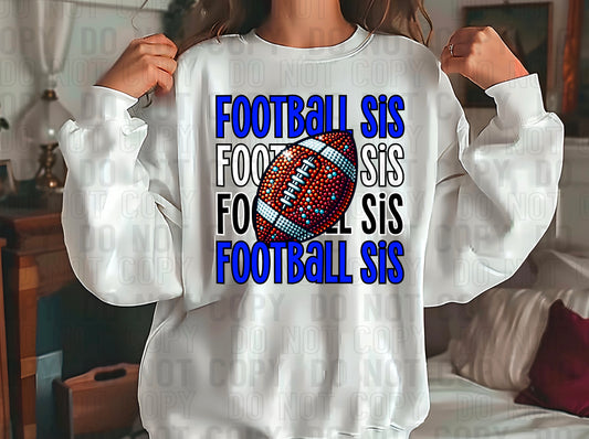 Football Sis Rhinestone Royal Blue White Black DTF Transfer