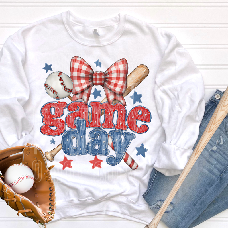 Game Day Baseball Plaid Bow & Bat DTF Transfer