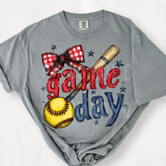 Game Day Softball Plaid Bow & Bat DTF Transfer