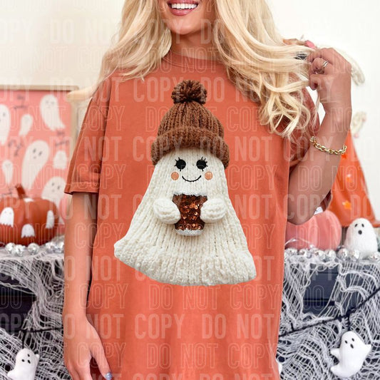 Ghost Coffee Brown Hat Yarn Faux DTF Transfer