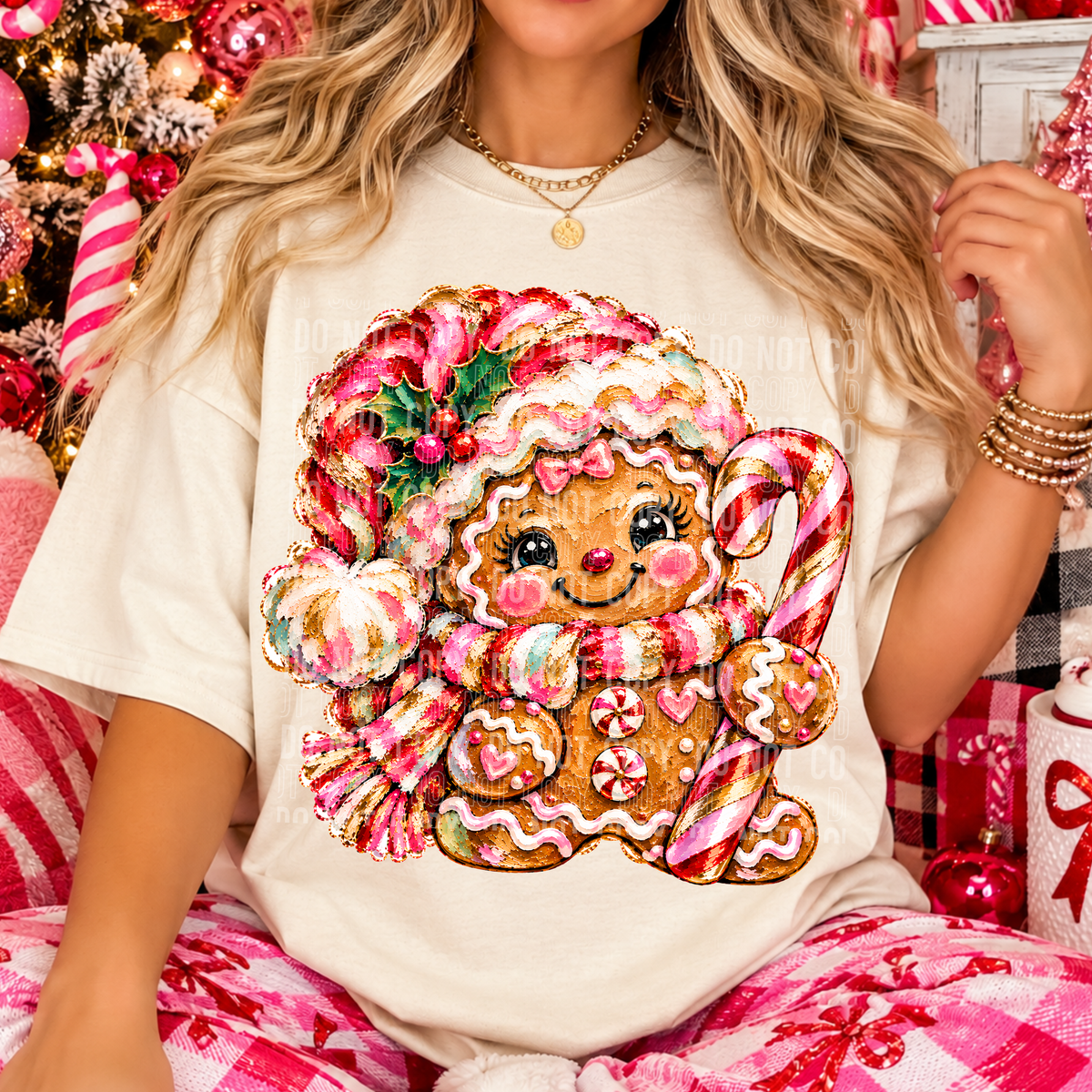 Gingerbread Man Holding Candy Cane Painted Faux DTF Transfer