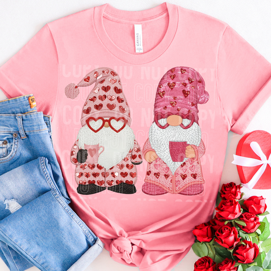 Valentine Gnomes Embroidery Sequin Faux DTF Transfer