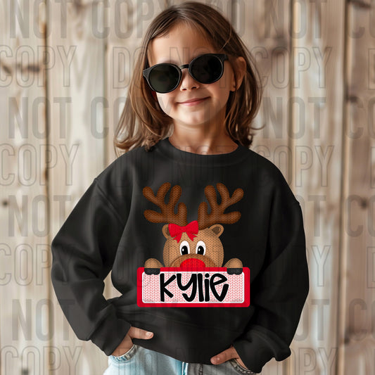 Reindeer Peek-A-Boo (Girl) With Name Plate Personalized DTF Transfer