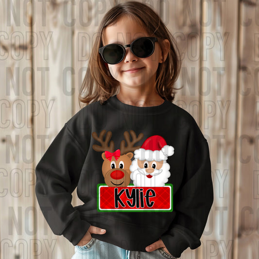 Reindeer With Santa (Girl) With Name Plate Personalized DTF Transfer