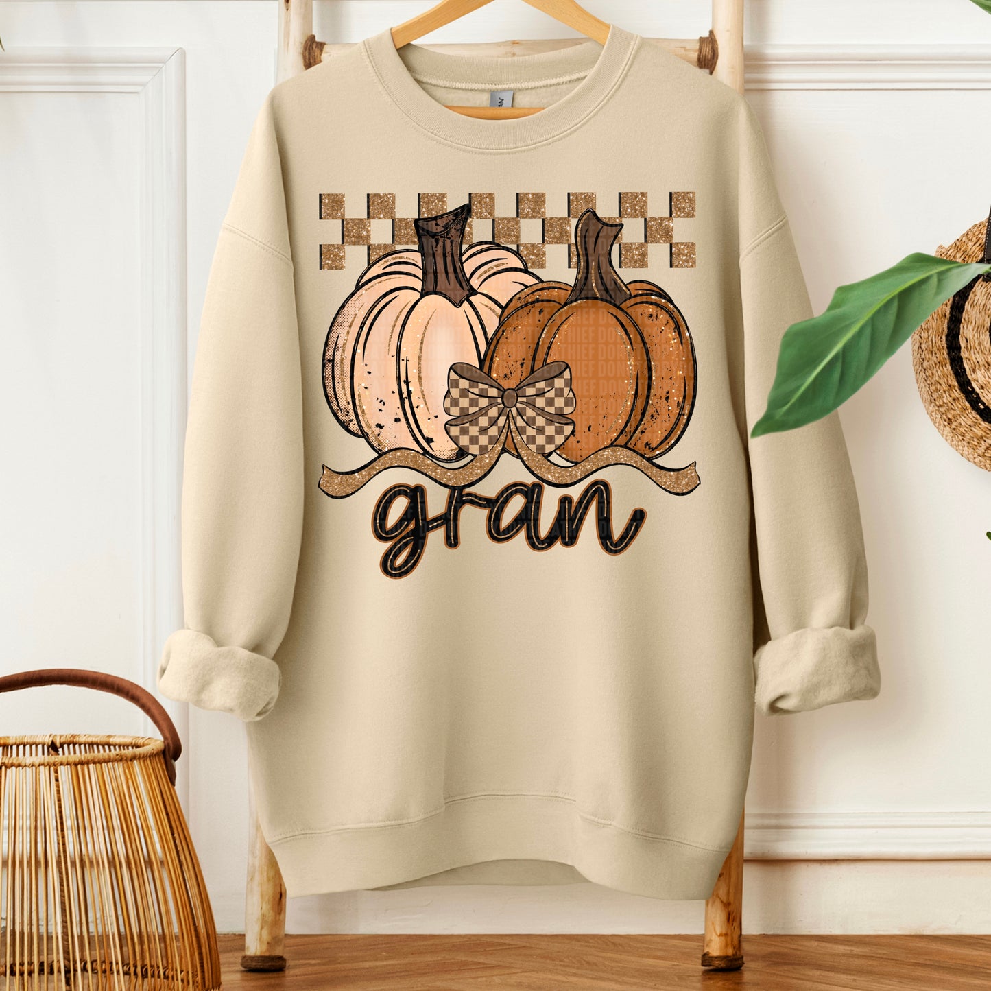 Gran Fall Checkered Glitter Pumpkin DTF Transfer