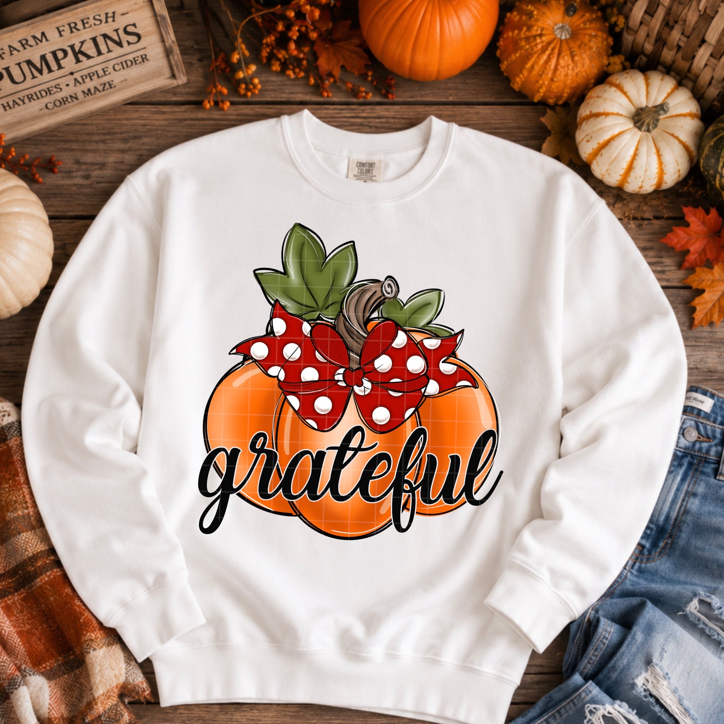 Grateful Pumpkin With Red Polka Dot Bow DTF Transfer