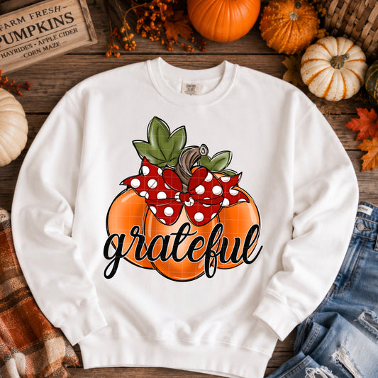 Grateful Pumpkin With Red Polka Dot Bow DTF Transfer
