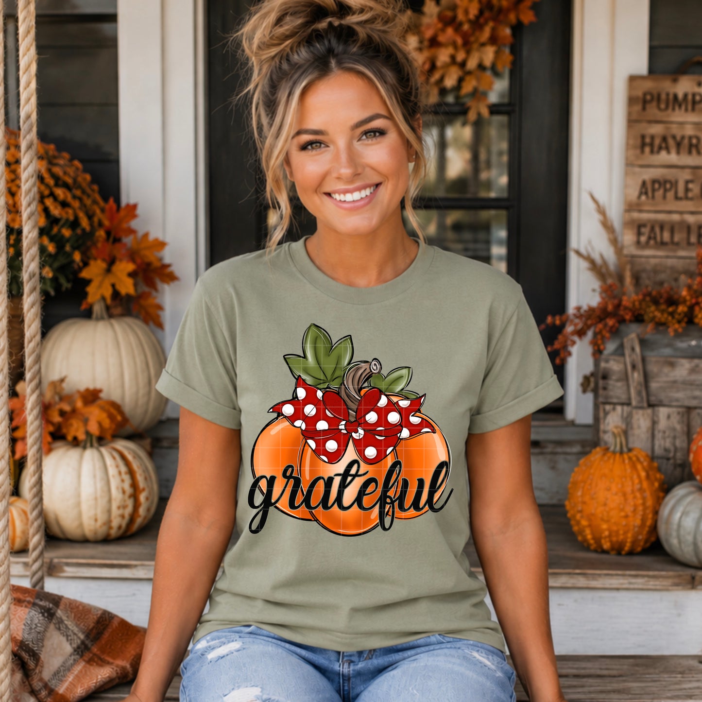 Grateful Pumpkin With Red Polka Dot Bow DTF Transfer