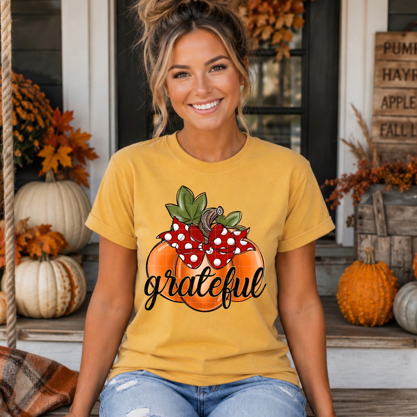 Grateful Pumpkin With Red Polka Dot Bow DTF Transfer