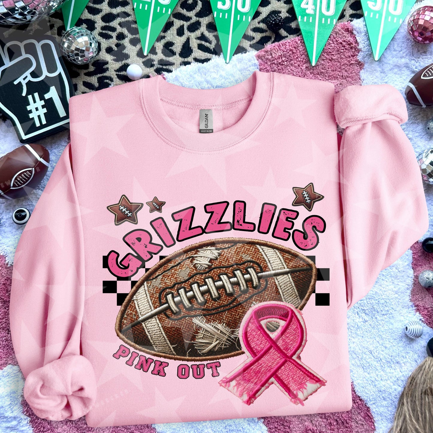 Grizzlies Football Embroidery Faux Pink Out Mascot DTF Transfer