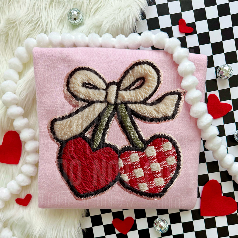 Heart Cherry Faux Embroidery DTF Transfer