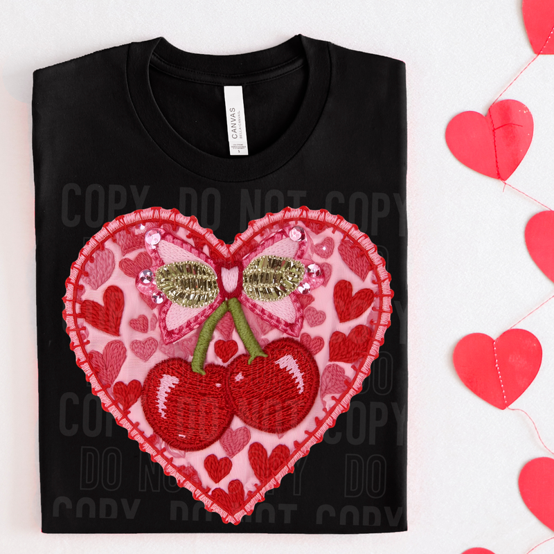 Cherry Heart Embroidery Sequin Faux DTF Transfer