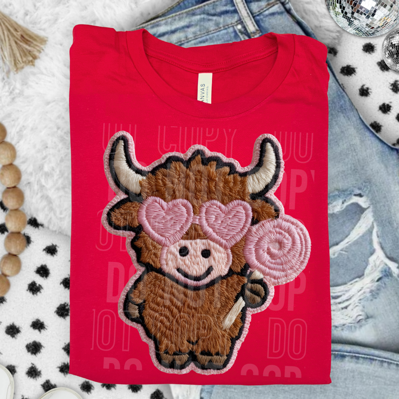 Valentine's Day Highland Cow With Lollipop Embroidery Faux DTF Transfer