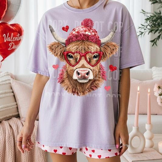 Highland Cow Valentine's Day Embroidery Faux DTF Transfer