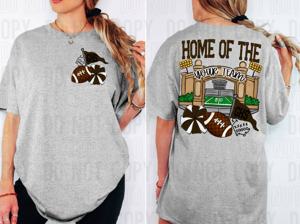 Home Of The Stadiums Football Front Pocket + Back Mascot Name DTF Transfer