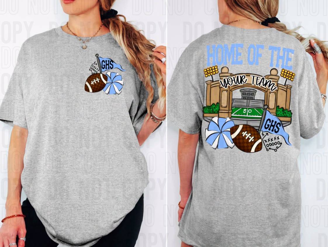Home Of The Stadiums Football Front Pocket + Back Mascot Name DTF Transfer