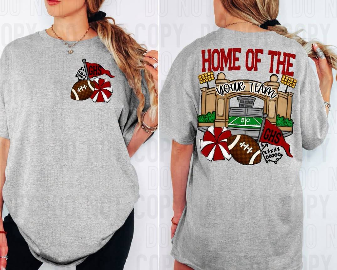 Home Of The Stadiums Football Front Pocket + Back Mascot Name DTF Transfer
