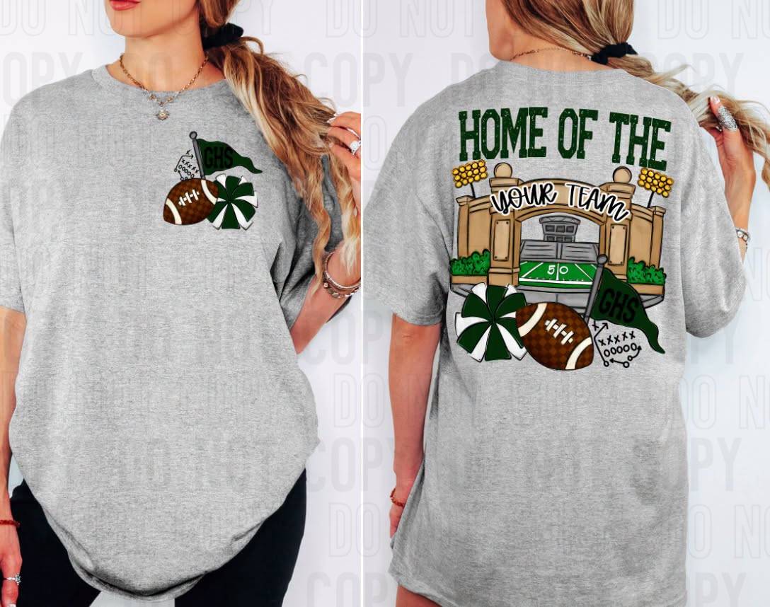 Home Of The Stadiums Football Front Pocket + Back Mascot Name DTF Transfer