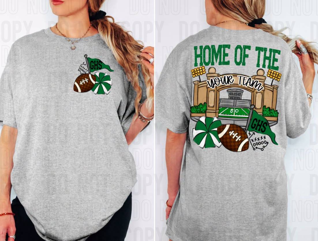Home Of The Stadiums Football Front Pocket + Back Mascot Name DTF Transfer