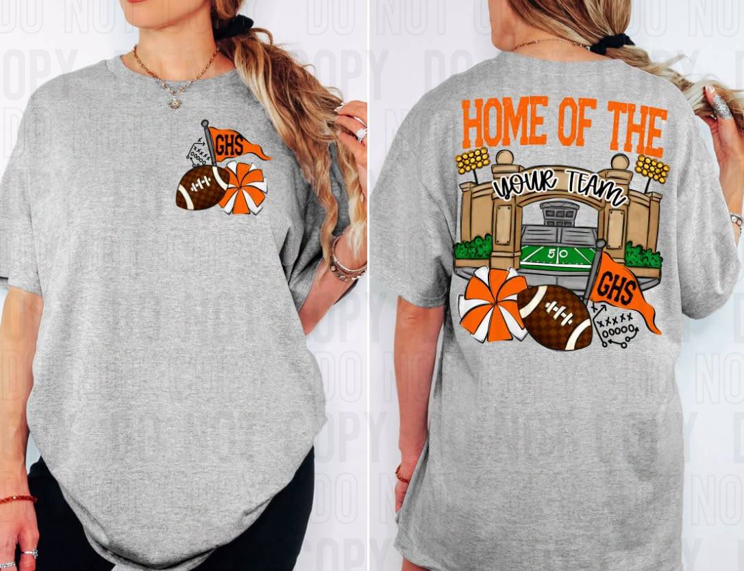 Home Of The Stadiums Football Front Pocket + Back Mascot Name DTF Transfer