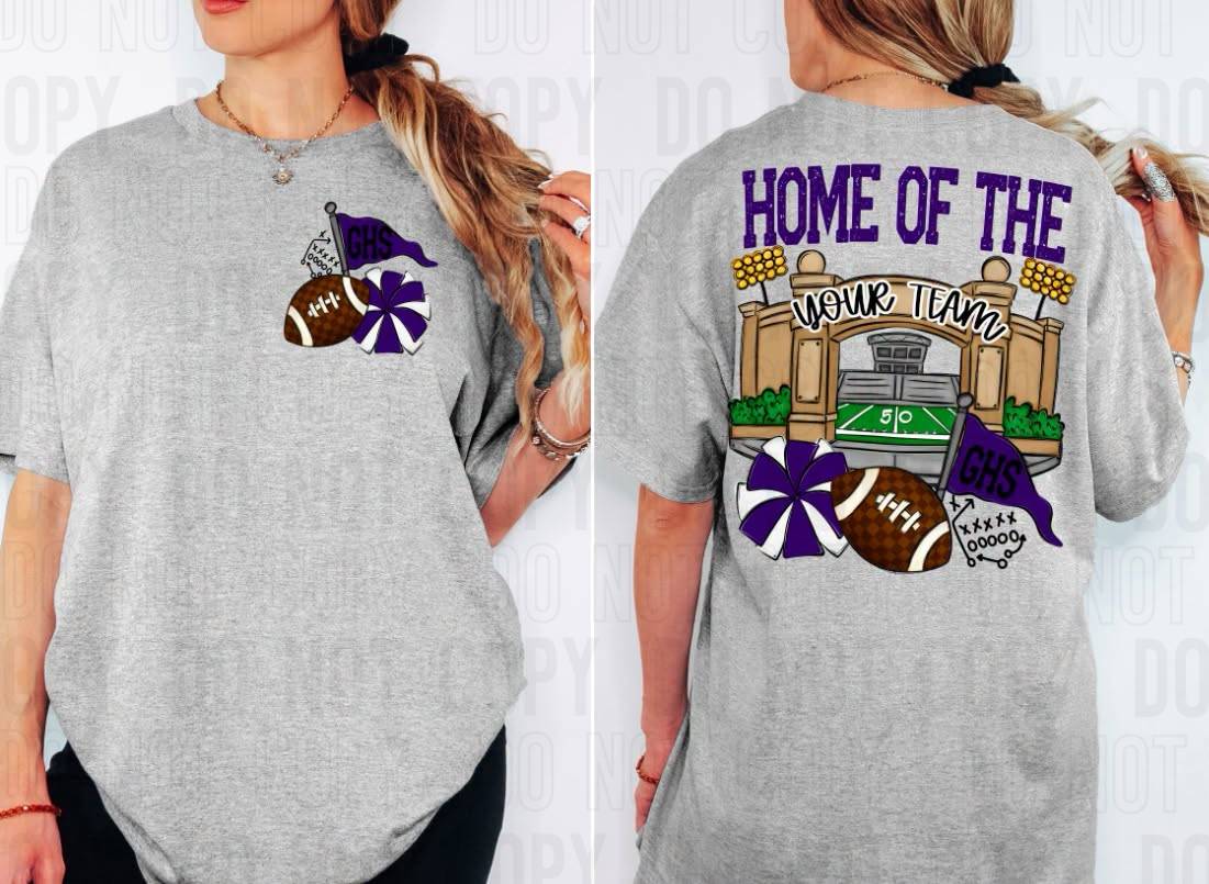 Home Of The Stadiums Football Front Pocket + Back Mascot Name DTF Transfer