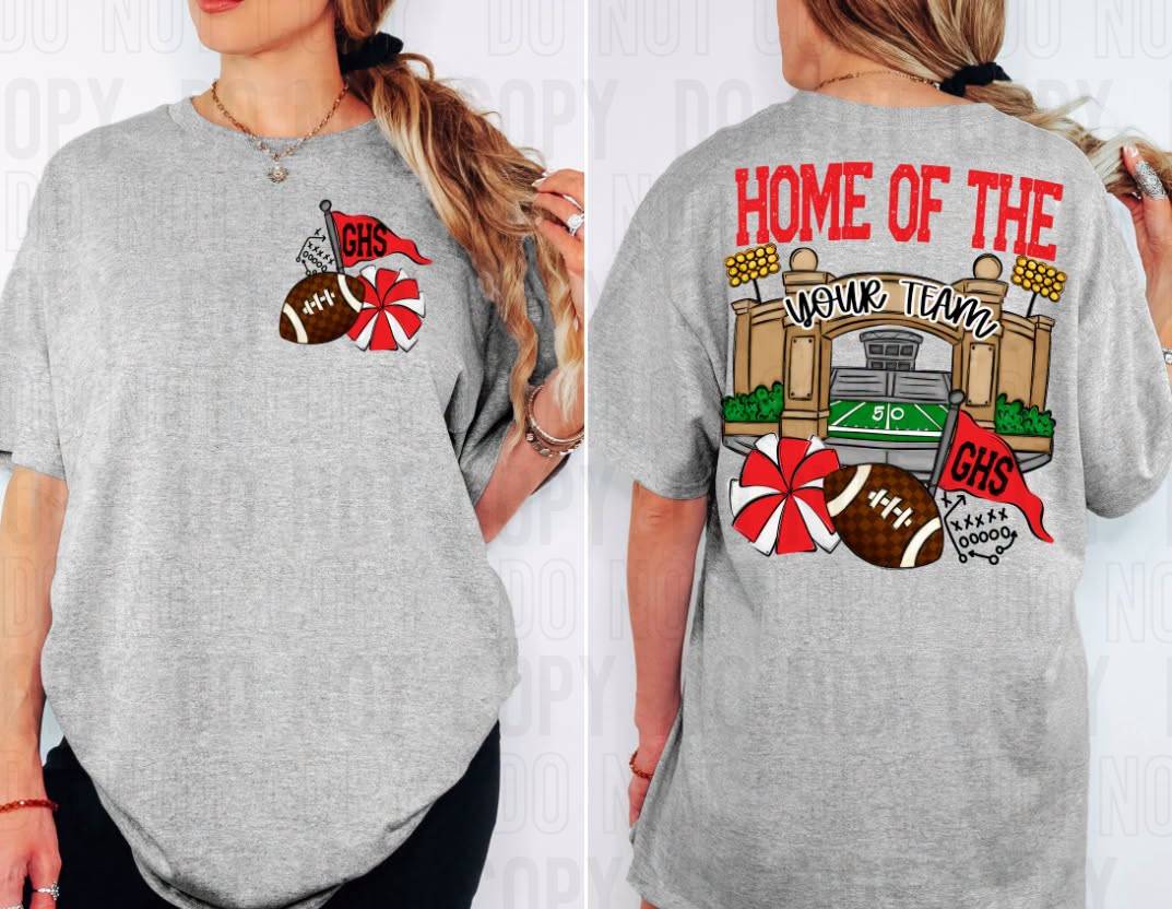 Home Of The Stadiums Football Front Pocket + Back Mascot Name DTF Transfer
