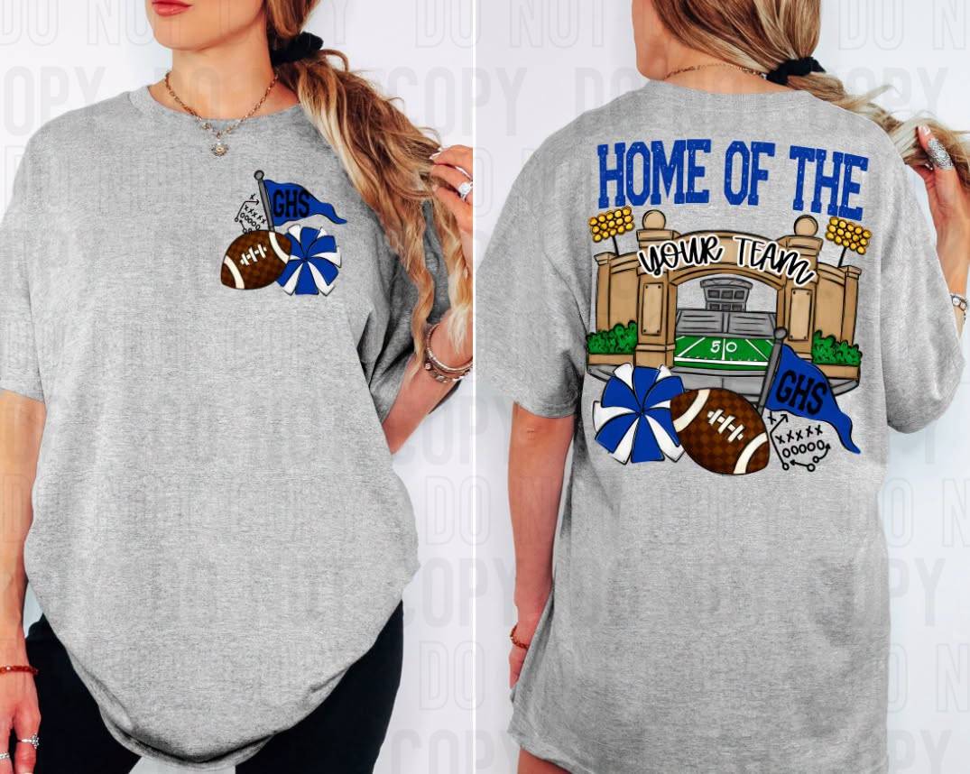 Home Of The Stadiums Football Front Pocket + Back Mascot Name DTF Transfer