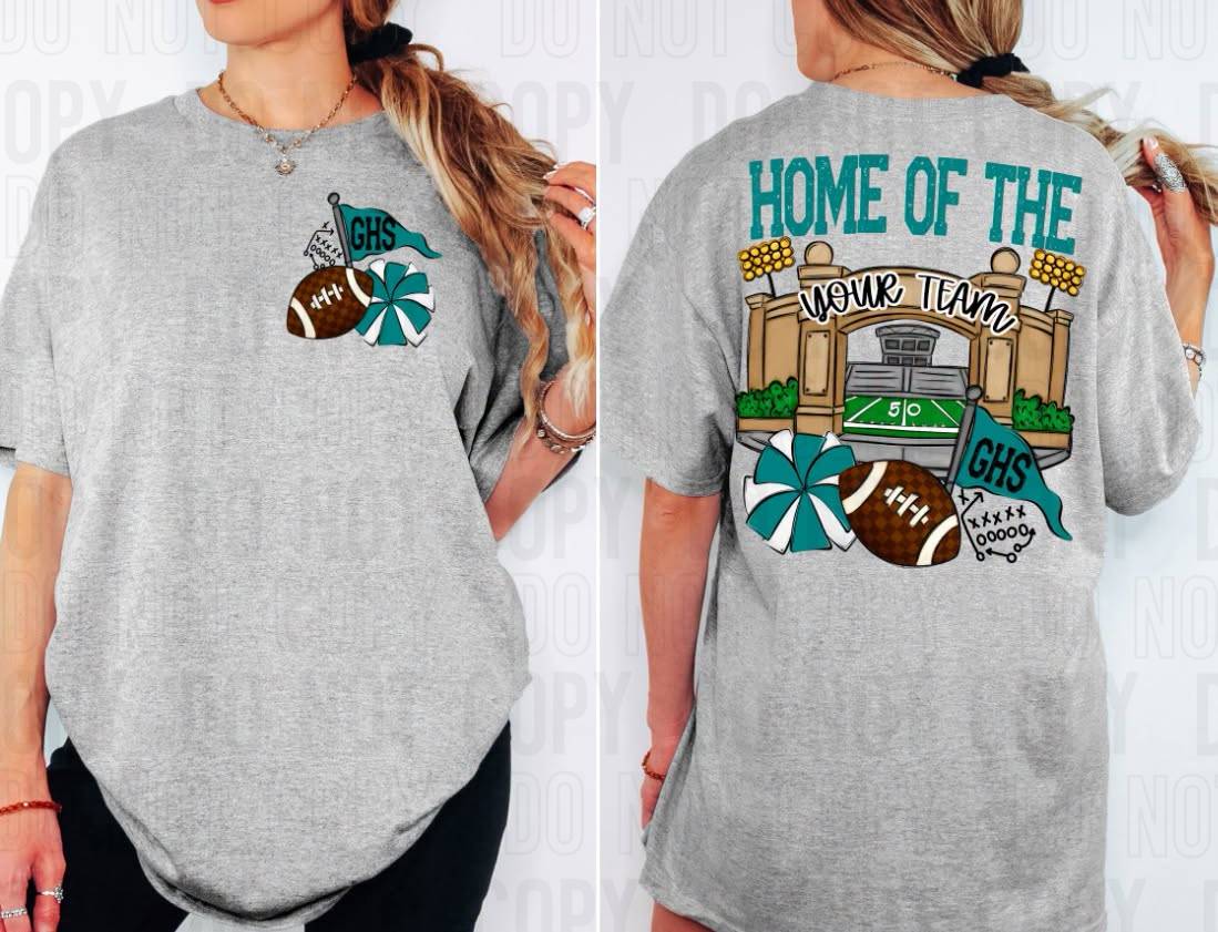 Home Of The Stadiums Football Front Pocket + Back Mascot Name DTF Transfer