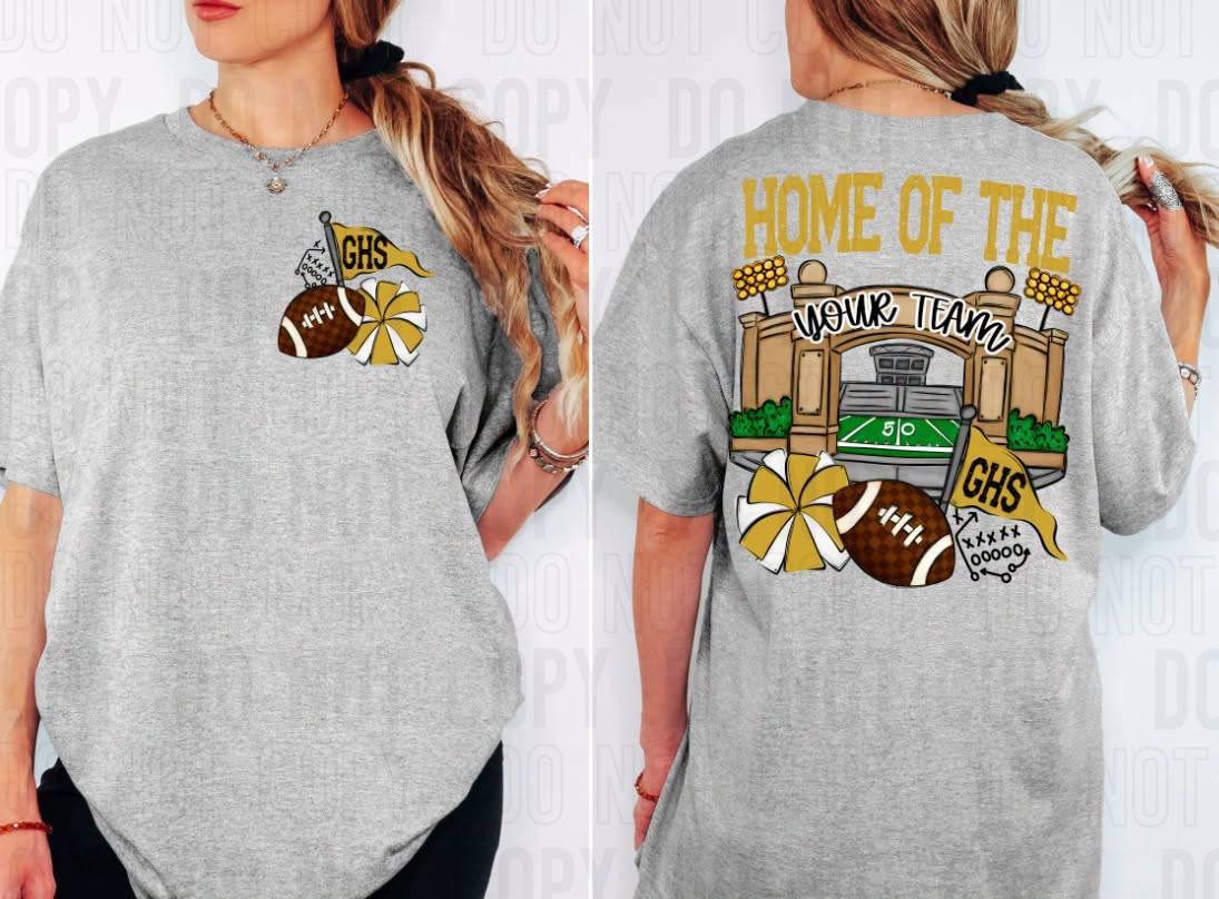 Home Of The Stadiums Football Front Pocket + Back Mascot Name DTF Transfer