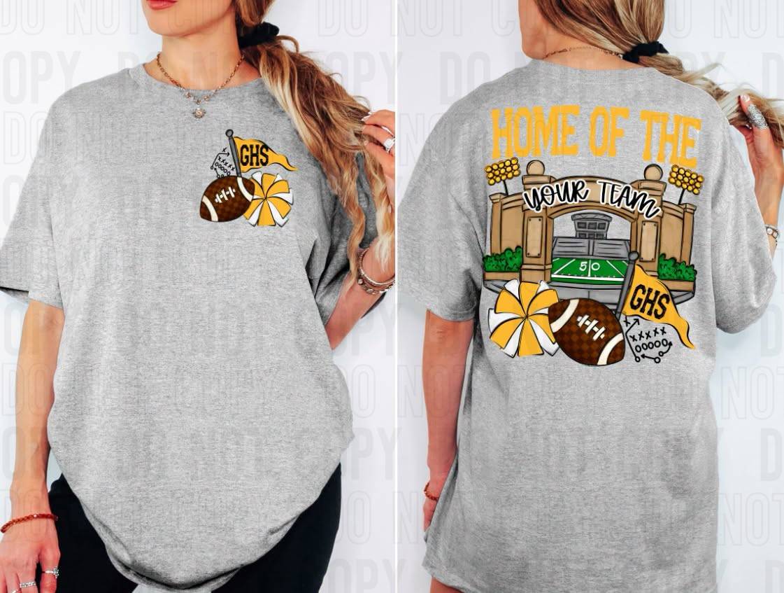 Home Of The Stadiums Football Front Pocket + Back Mascot Name DTF Transfer