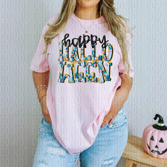 Happy Halloween Gold Glitter Outline DTF Transfer