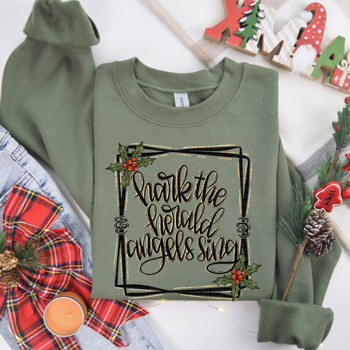 Hark The Herald Angels Sing Holly Leaves DTF Transfer