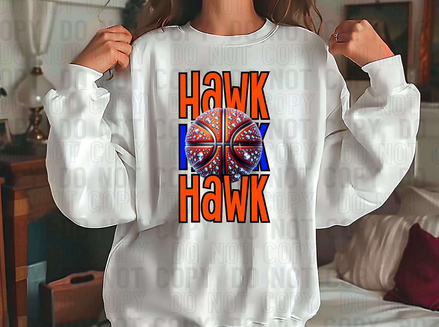 Hawk Rhinestone Basketball Orange Royal Blue DTF Transfer