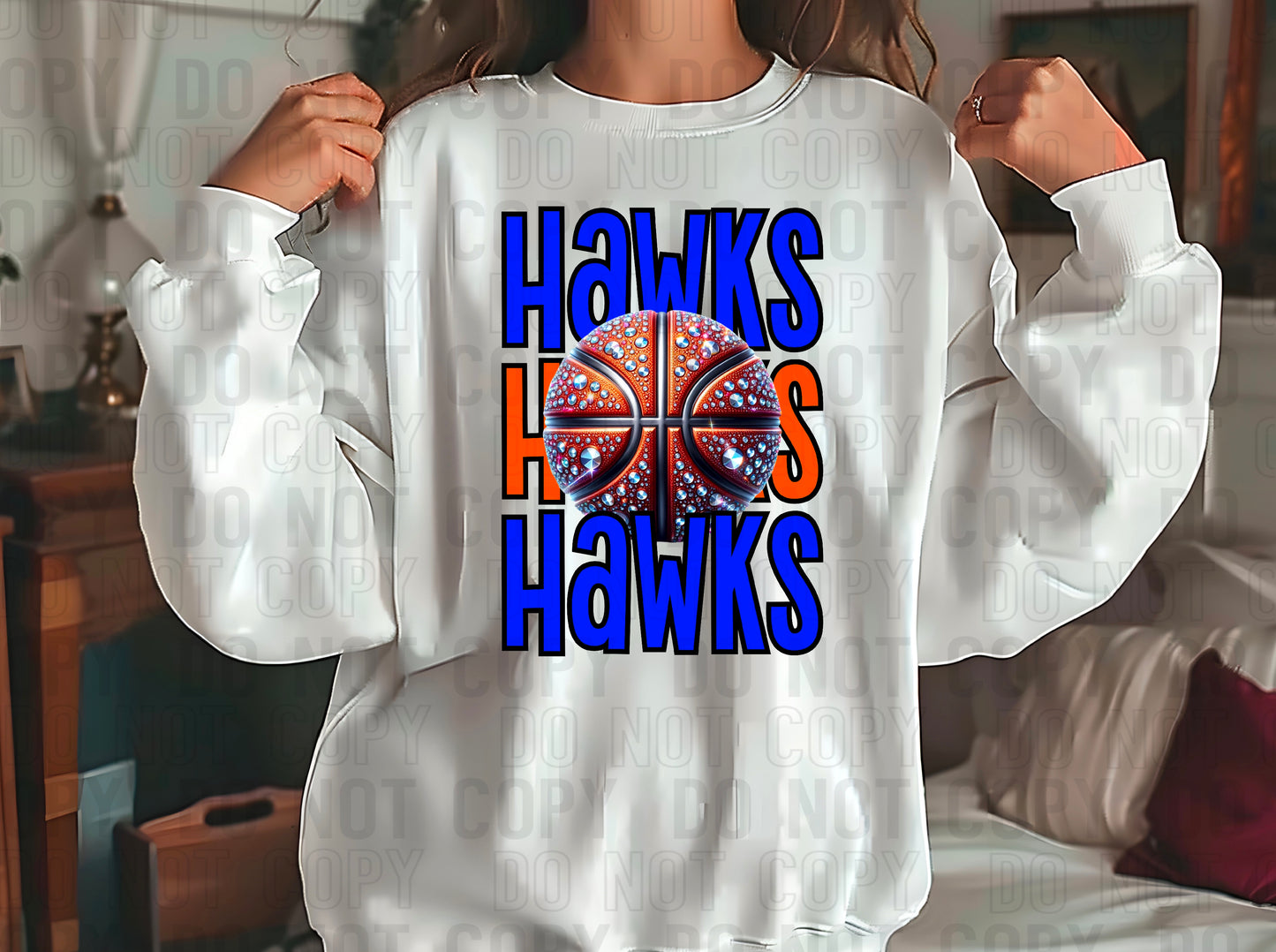 Hawks Rhinestone Basketball Royal Blue Orange DTF Transfer