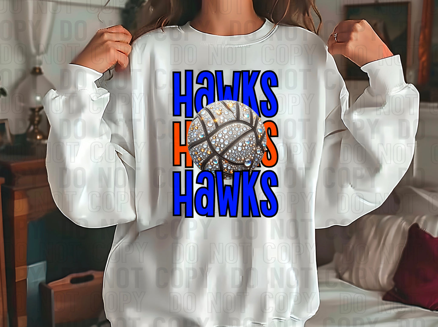 Hawks Rhinestone Volleyball Royal Blue Orange DTF Transfer