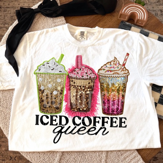 Iced Coffee Queen Sequin Faux DTF Transfer