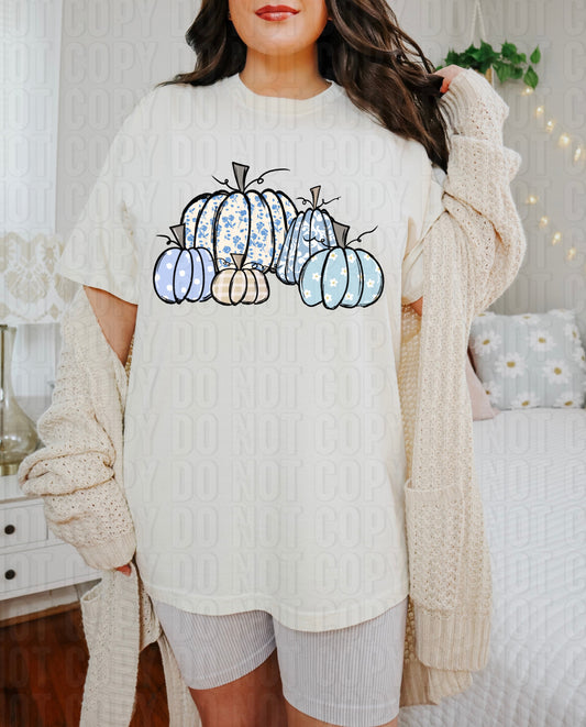 Blue Floral Plaid Pumpkins DTF Transfer