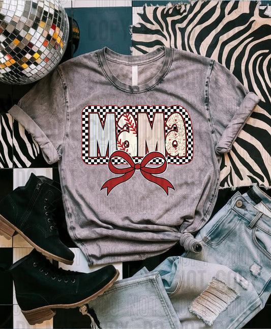 Mama Baseball Checker Offset Bow DTF Transfer