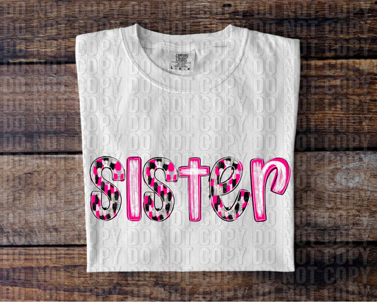 Sister Pink & Black Poppy Doodle DTF Transfer