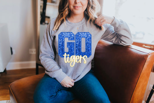 Go Tigers Royal Blue/Yellow Sequined Faux DTF Transfer