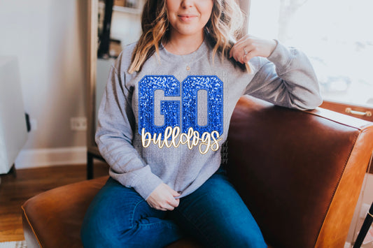 Go Bulldogs Royal Blue/Gold Sequined Faux DTF Transfer