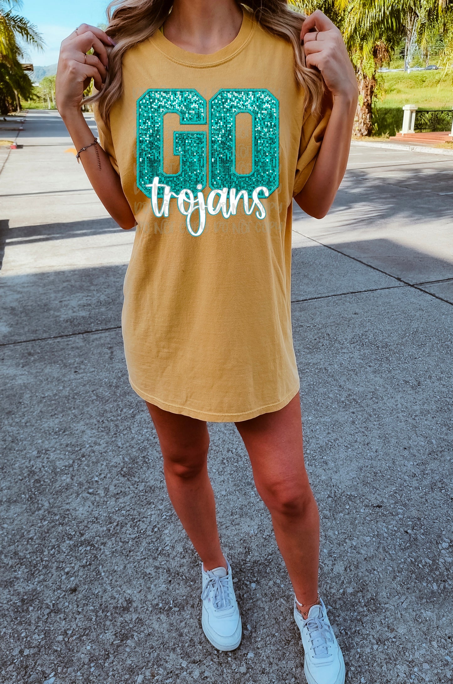 Go Trojans Teal Sequined Faux DTF Transfer