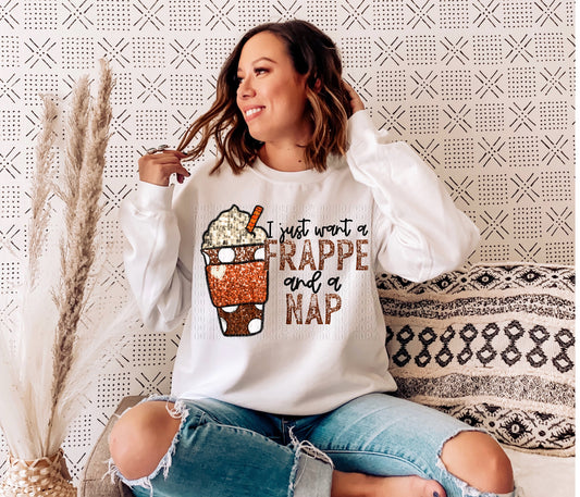I Just Want A Frappe And A Nap Sequined Faux DTF Transfer