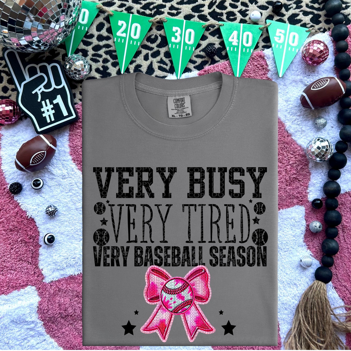 Busy Tired Baseball Season Pink Bow DTF Transfer