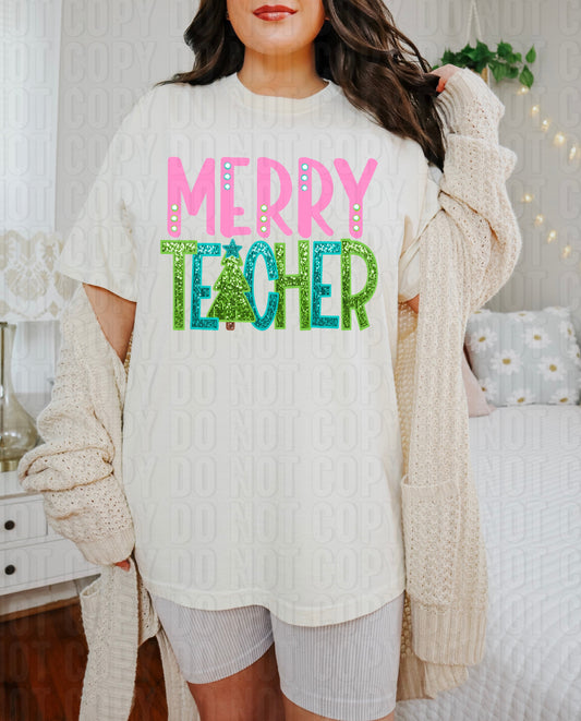 Merry Teacher Sequined DTF Transfer