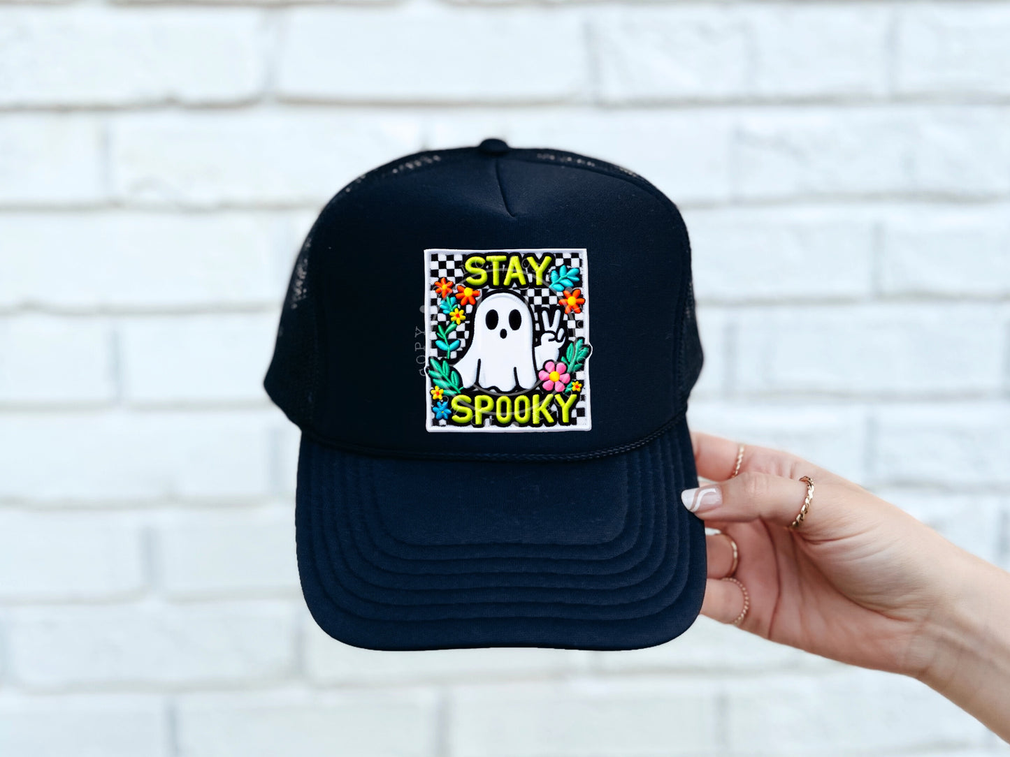 Stay Spooky Floral Checker Hat Patch DTF Transfer