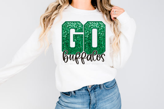 Go Buffalos Green Sequined Faux DTF Transfer