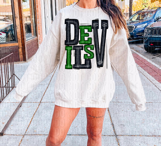 Devils Black Kelly Green Sporty Mascot DTF Transfer