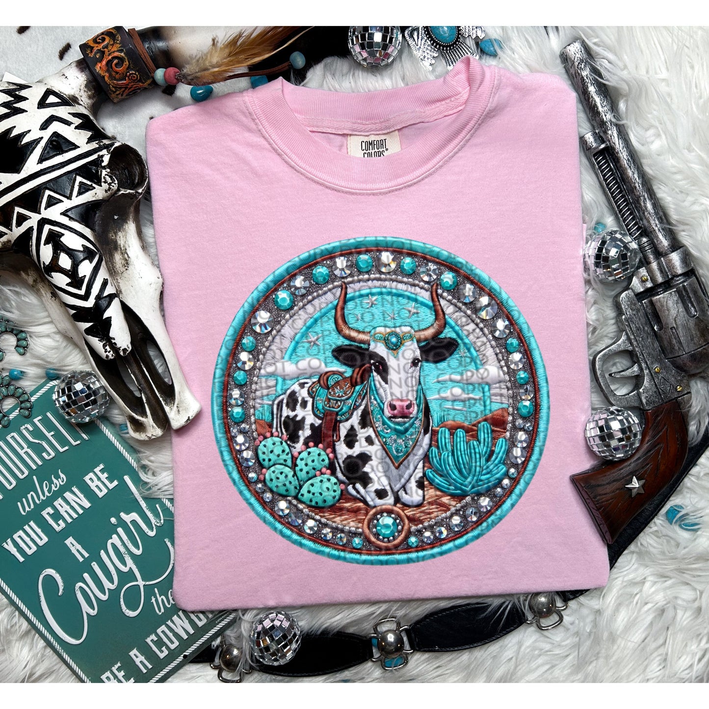 Round Turquoise Cow DTF Transfer